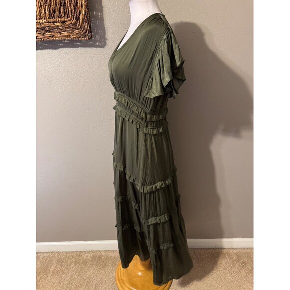 Pinch Tiered Maxi Dress L Large Olive Green Silky Short Flutter Sleeve NEW - Picture 9 of 16